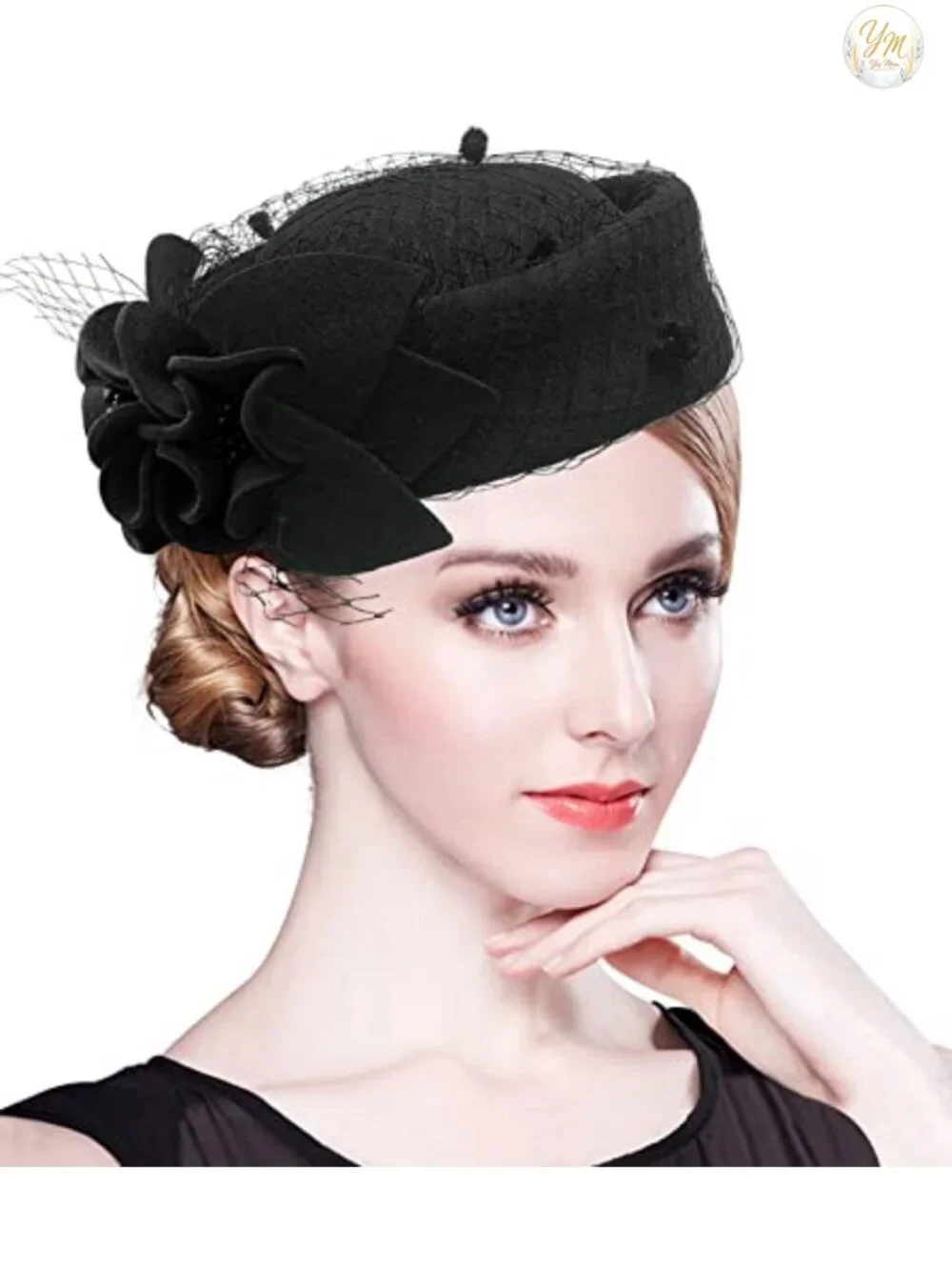 Wool Felt Pillbox Hat with Veil Flower for Wedding Church Derby Fascinator